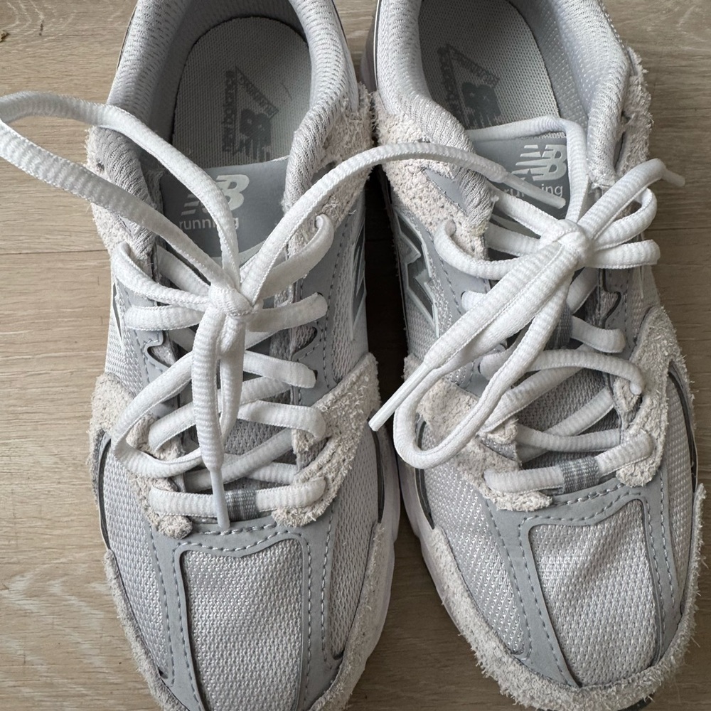 New Balance White and Light Gray Mesh Suede Sneakers